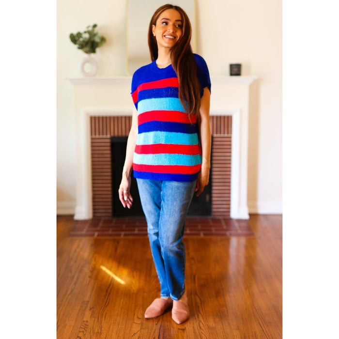 Forget Me Not Royal Blue Stripe Short Sleeve Dolman Sweater