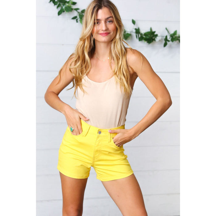 Yellow Denim Button Enclosure Mid Rise Shorts