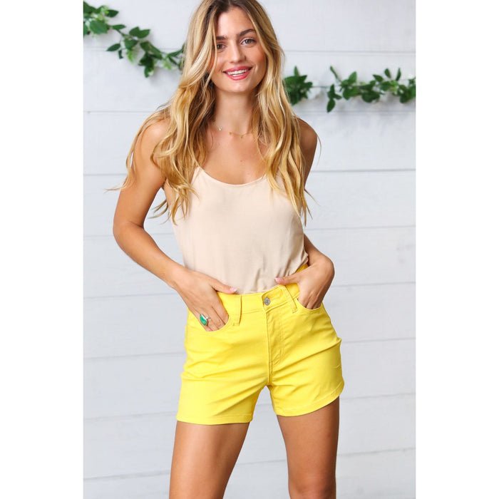 Yellow Denim Button Enclosure Mid Rise Shorts