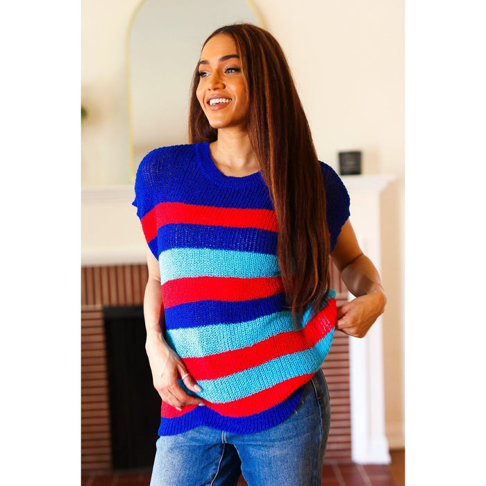 Forget Me Not Royal Blue Stripe Short Sleeve Dolman Sweater