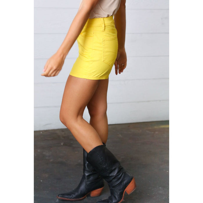 Yellow Denim Button Enclosure Mid Rise Shorts