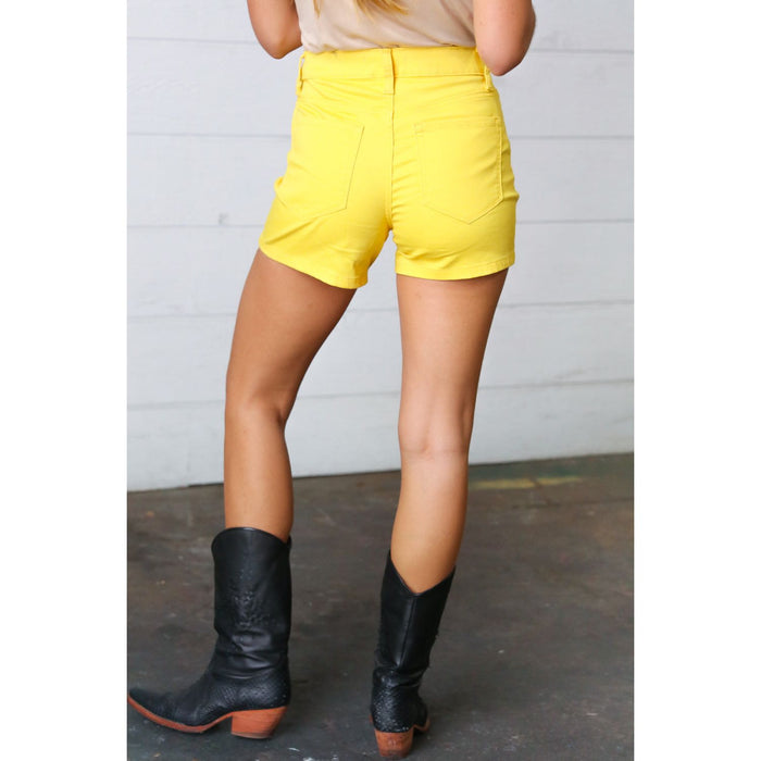 Yellow Denim Button Enclosure Mid Rise Shorts