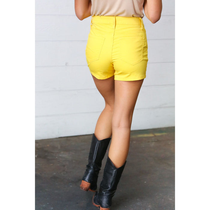 Yellow Denim Button Enclosure Mid Rise Shorts