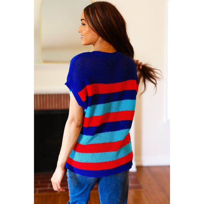 Forget Me Not Royal Blue Stripe Short Sleeve Dolman Sweater