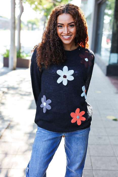 Eyes On You Black Flower Patch Oversized Knit Sweater