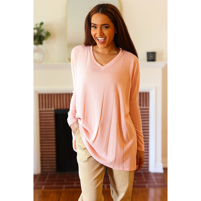 All For Love Peach Waffle Knit V Neck Dolman Top