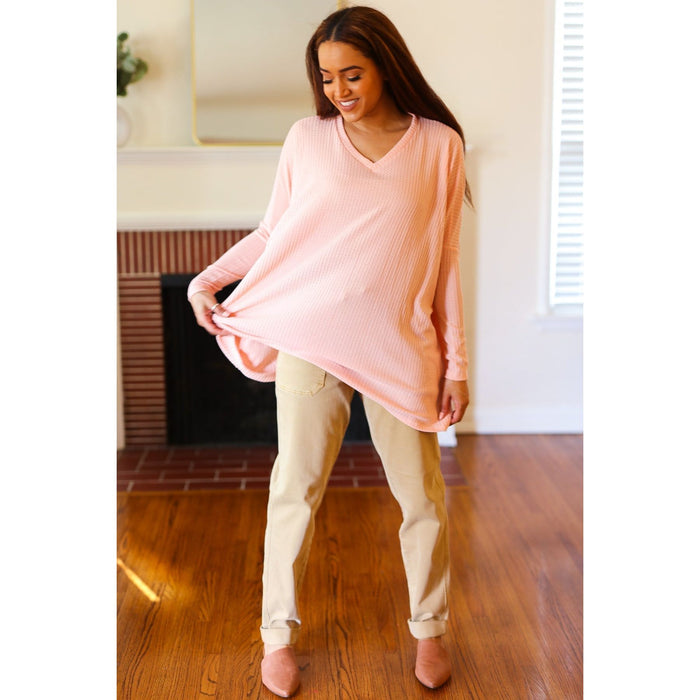 All For Love Peach Waffle Knit V Neck Dolman Top