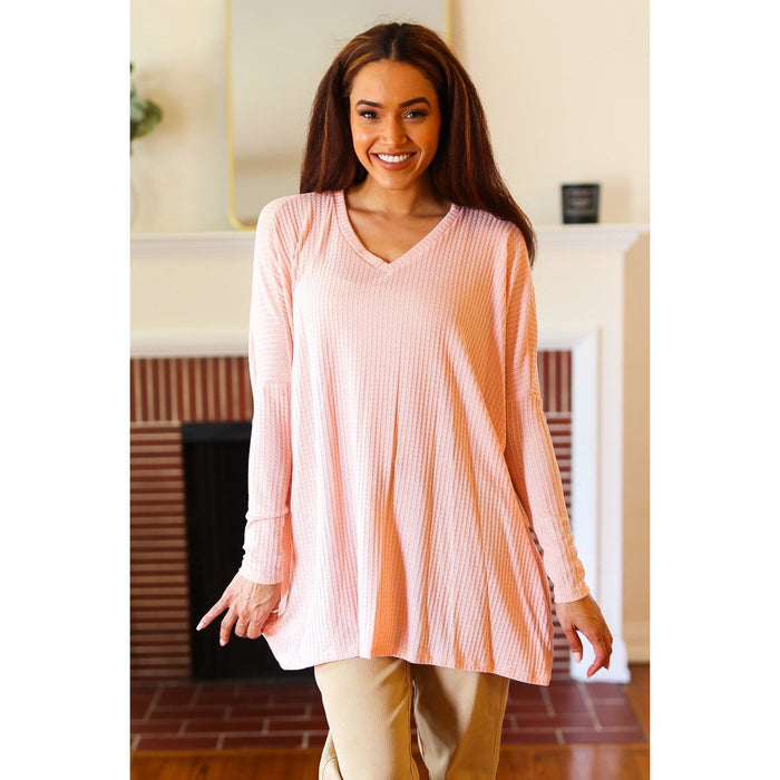 All For Love Peach Waffle Knit V Neck Dolman Top