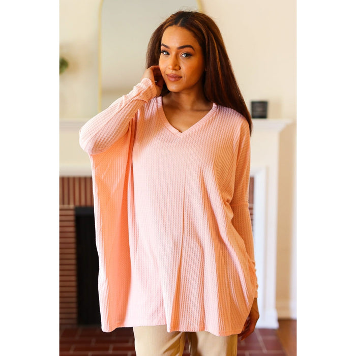 All For Love Peach Waffle Knit V Neck Dolman Top