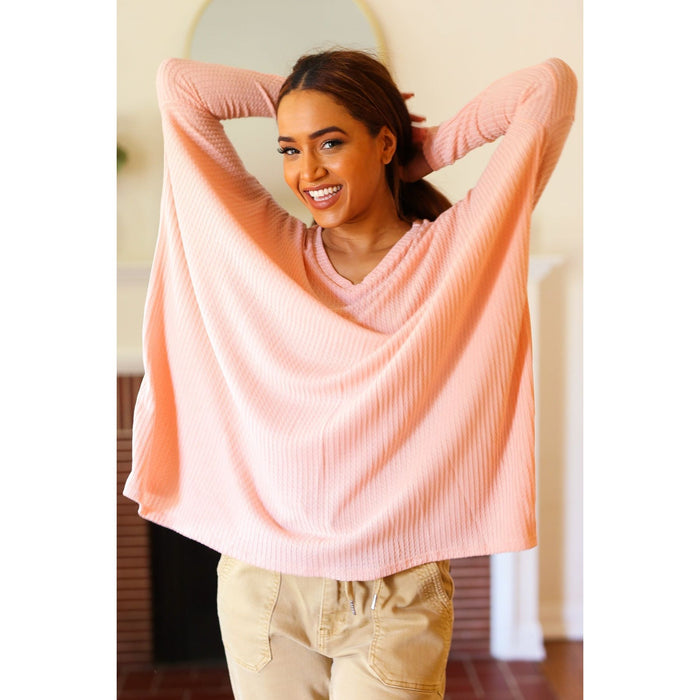 All For Love Peach Waffle Knit V Neck Dolman Top