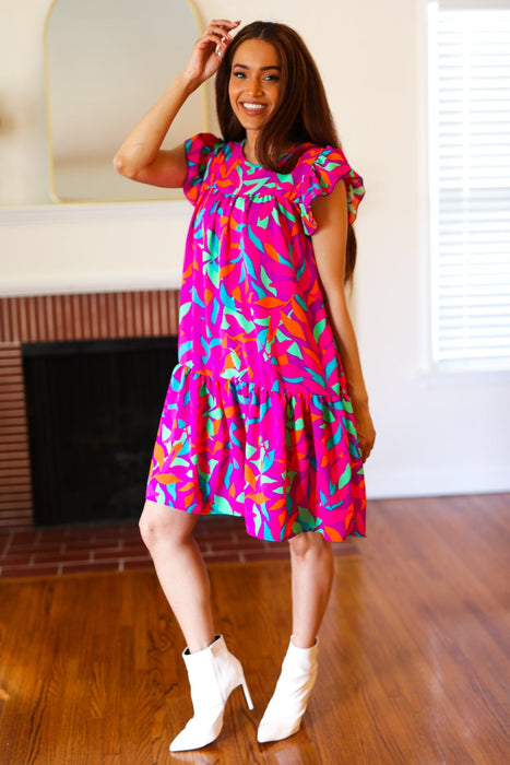 You Got This Abstract Floral Print Tiered Ruffle Sleeve Dress