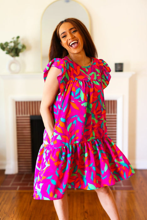 You Got This Abstract Floral Print Tiered Ruffle Sleeve Dress