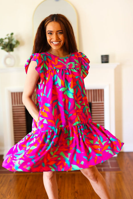 You Got This Abstract Floral Print Tiered Ruffle Sleeve Dress