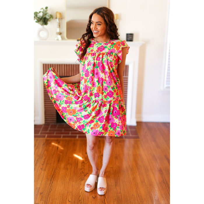 Be Charming Lime & Pink Floral Print Tiered Ruffle Sleeve Dress