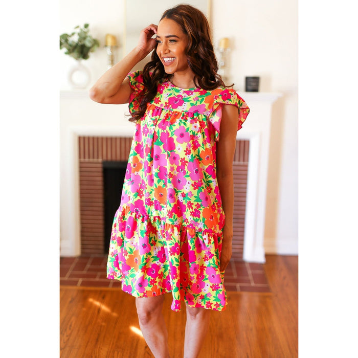 Be Charming Lime & Pink Floral Print Tiered Ruffle Sleeve Dress