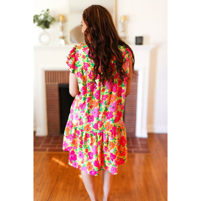 Be Charming Lime & Pink Floral Print Tiered Ruffle Sleeve Dress