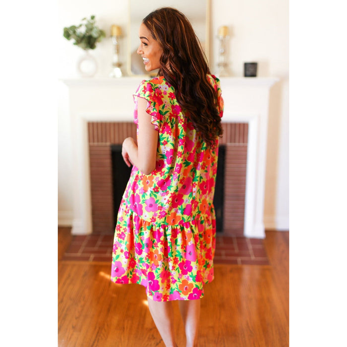 Be Charming Lime & Pink Floral Print Tiered Ruffle Sleeve Dress