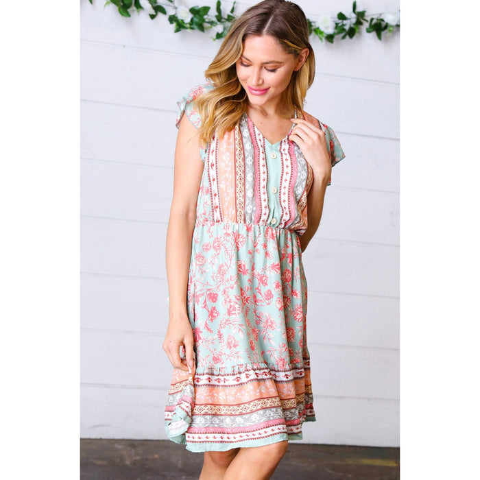 Sage Boho Floral Button Detail V Neck Ruffle Dress