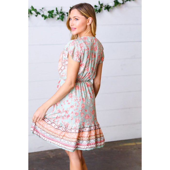 Sage Boho Floral Button Detail V Neck Ruffle Dress