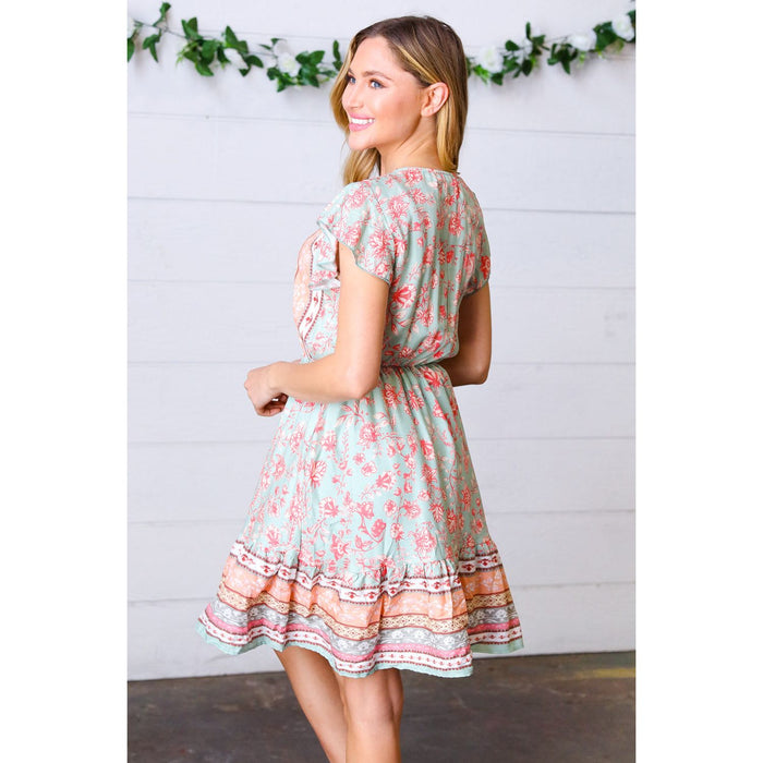 Sage Boho Floral Button Detail V Neck Ruffle Dress