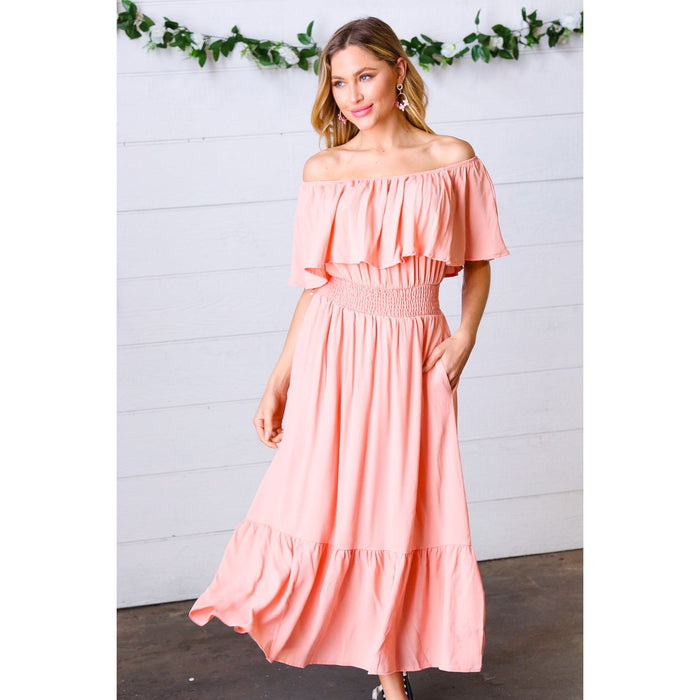 Coral off Shoulder Smocked Waist Ruffle Sleeve Midi Dress