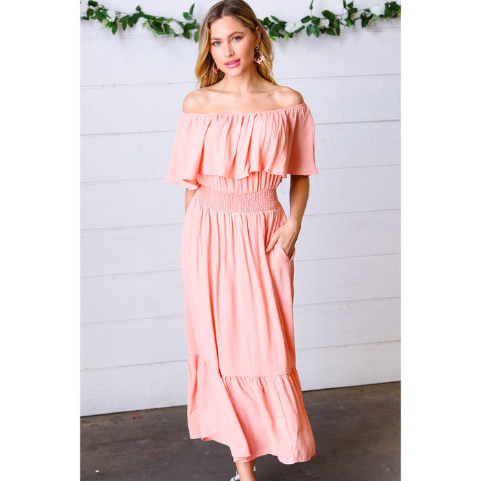 Coral off Shoulder Smocked Waist Ruffle Sleeve Midi Dress