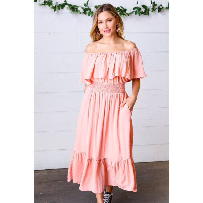 Coral off Shoulder Smocked Waist Ruffle Sleeve Midi Dress