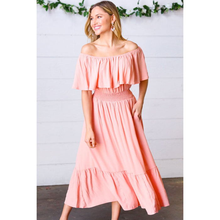 Coral off Shoulder Smocked Waist Ruffle Sleeve Midi Dress