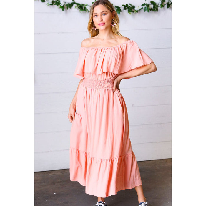 Coral off Shoulder Smocked Waist Ruffle Sleeve Midi Dress