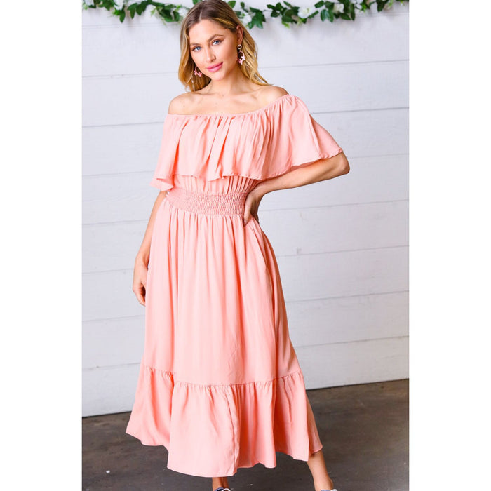 Coral off Shoulder Smocked Waist Ruffle Sleeve Midi Dress