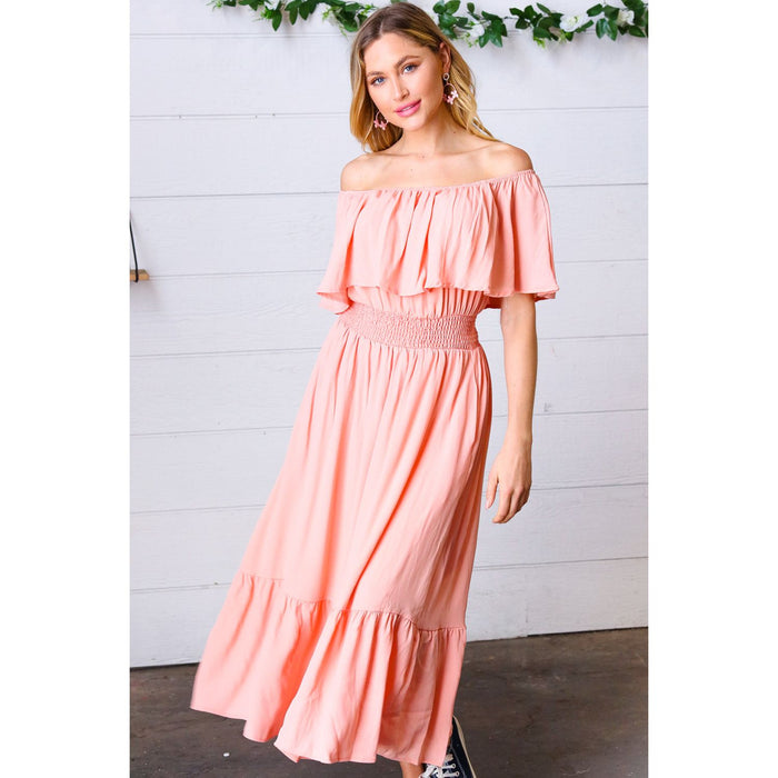 Coral off Shoulder Smocked Waist Ruffle Sleeve Midi Dress