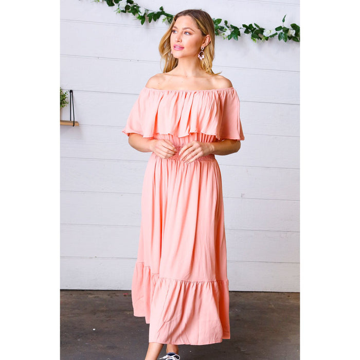 Coral off Shoulder Smocked Waist Ruffle Sleeve Midi Dress