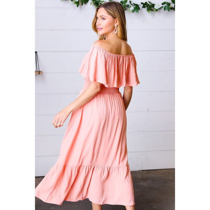 Coral off Shoulder Smocked Waist Ruffle Sleeve Midi Dress