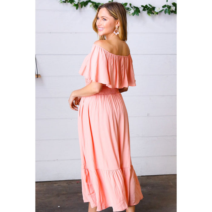 Coral off Shoulder Smocked Waist Ruffle Sleeve Midi Dress