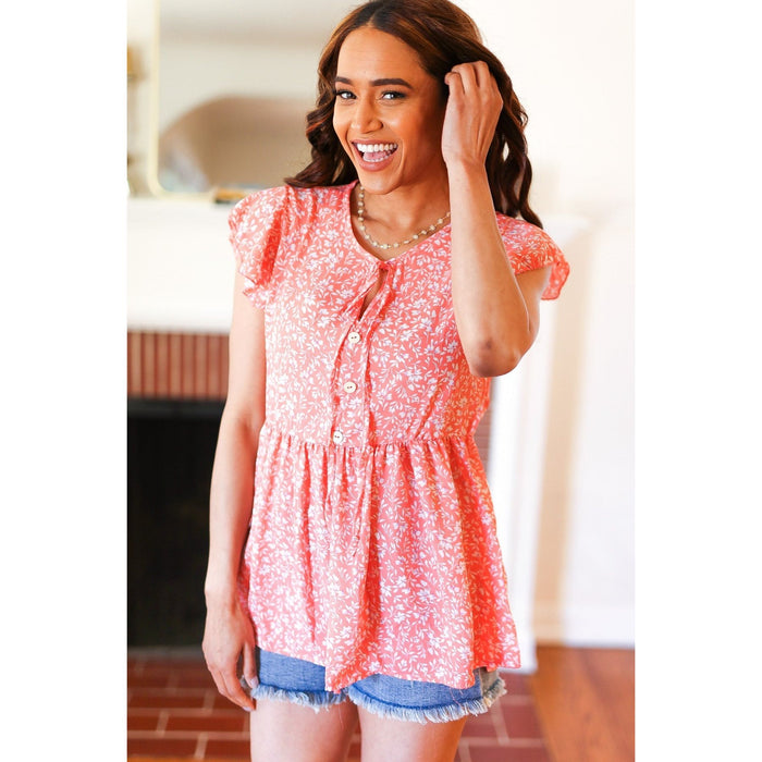 Peach Floral Button Tie Neck Babydoll Top