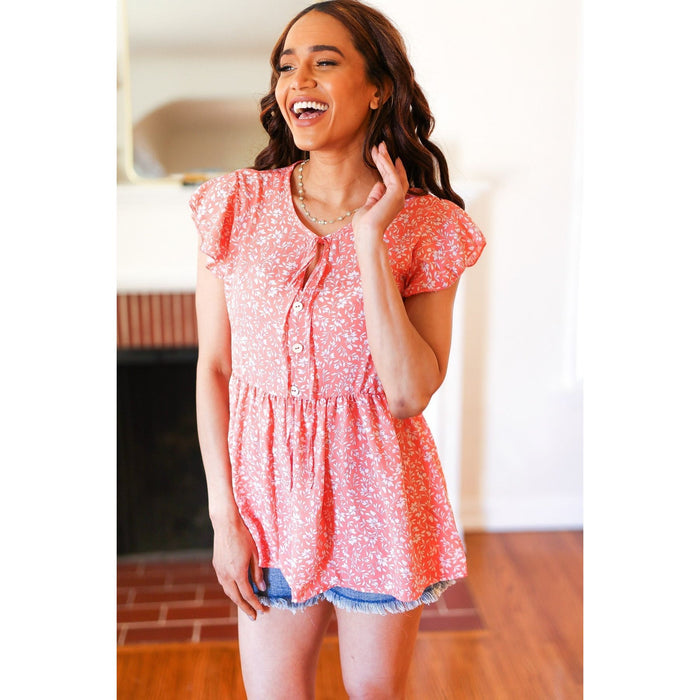 Peach Floral Button Tie Neck Babydoll Top