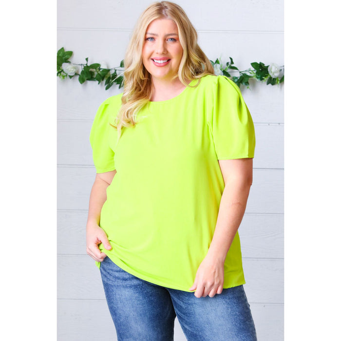 Neon Green Round Neck Puff Sleeve Crepe Top