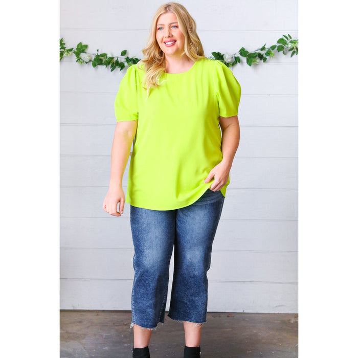 Neon Green Round Neck Puff Sleeve Crepe Top