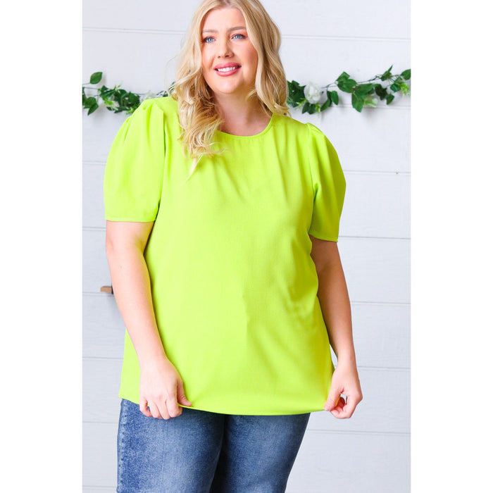 Neon Green Round Neck Puff Sleeve Crepe Top