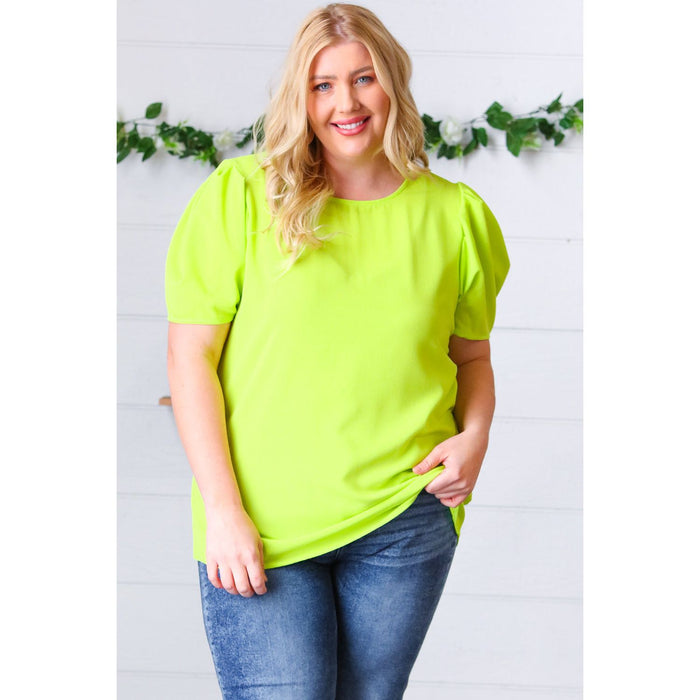 Neon Green Round Neck Puff Sleeve Crepe Top