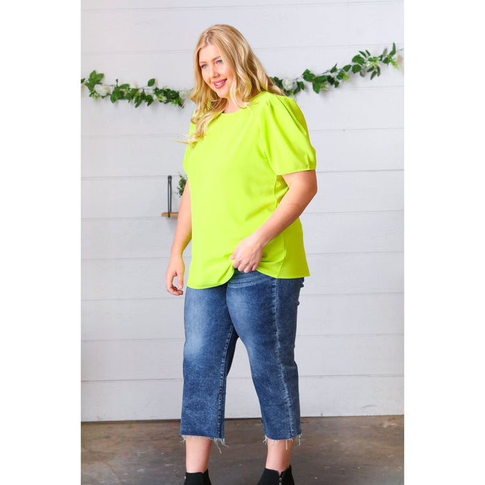 Neon Green Round Neck Puff Sleeve Crepe Top