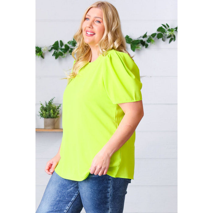 Neon Green Round Neck Puff Sleeve Crepe Top