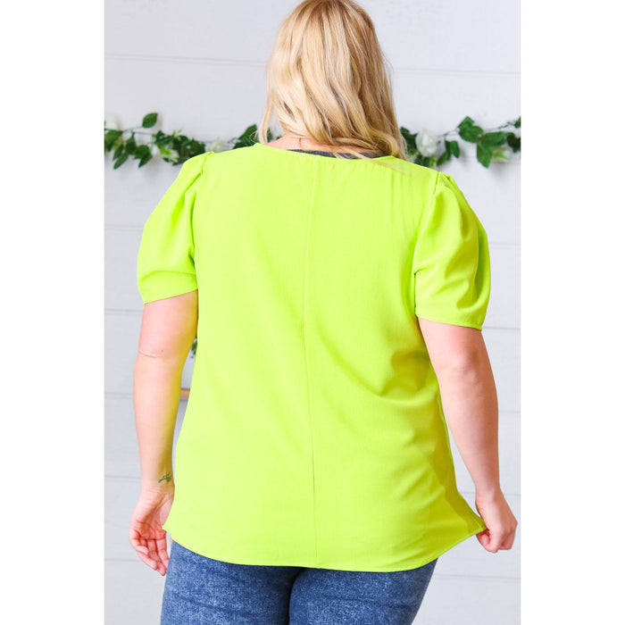 Neon Green Round Neck Puff Sleeve Crepe Top