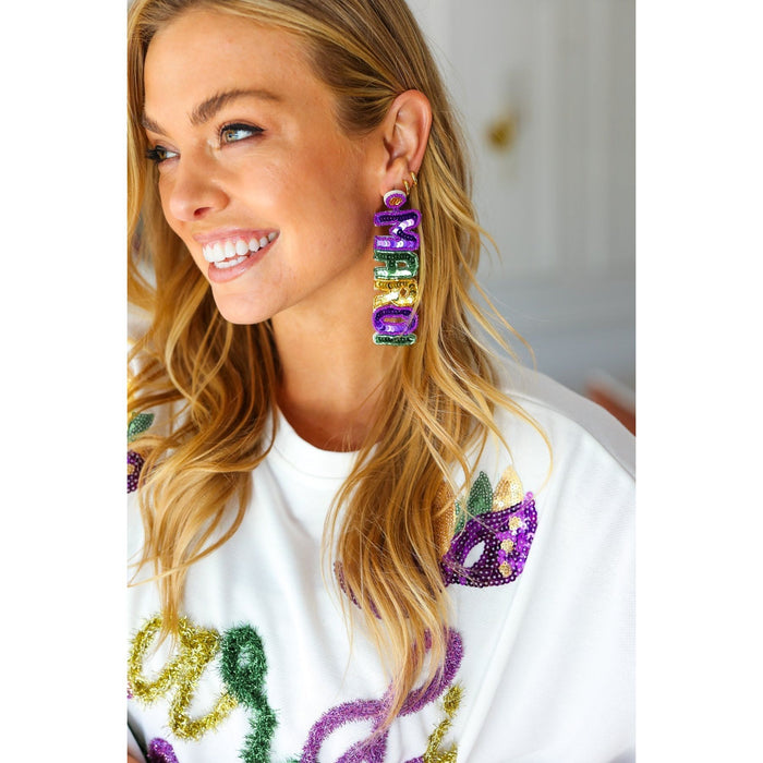 Mardi Gras Sequin & Beaded Dangle Earrings