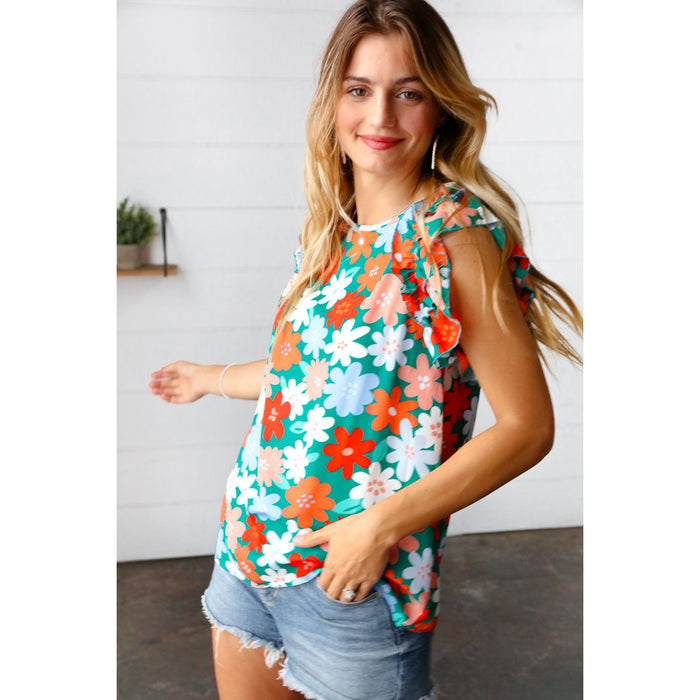 Follow Me Emerald Floral Print Double Ruffle Sleeve Top