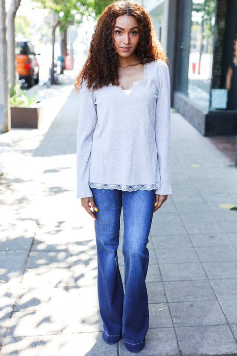 Grey Lace Trim Rib Long Sleeve Top