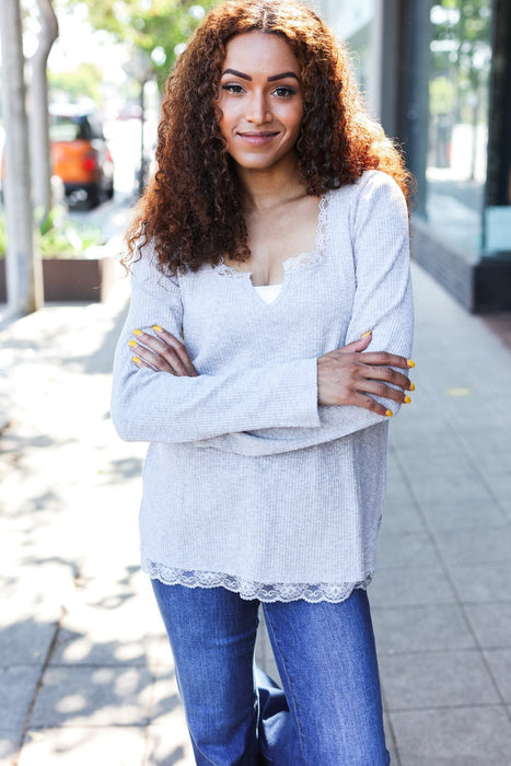 Grey Lace Trim Rib Long Sleeve Top