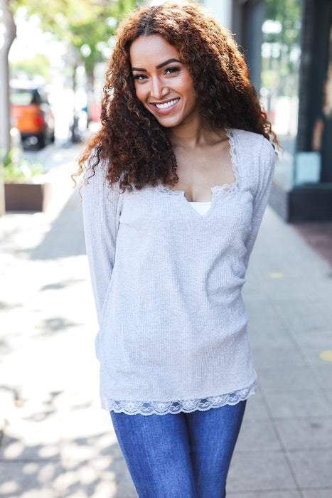 Grey Lace Trim Rib Long Sleeve Top