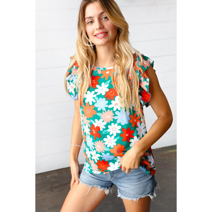 Follow Me Emerald Floral Print Double Ruffle Sleeve Top