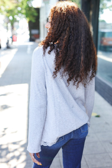 Grey Lace Trim Rib Long Sleeve Top